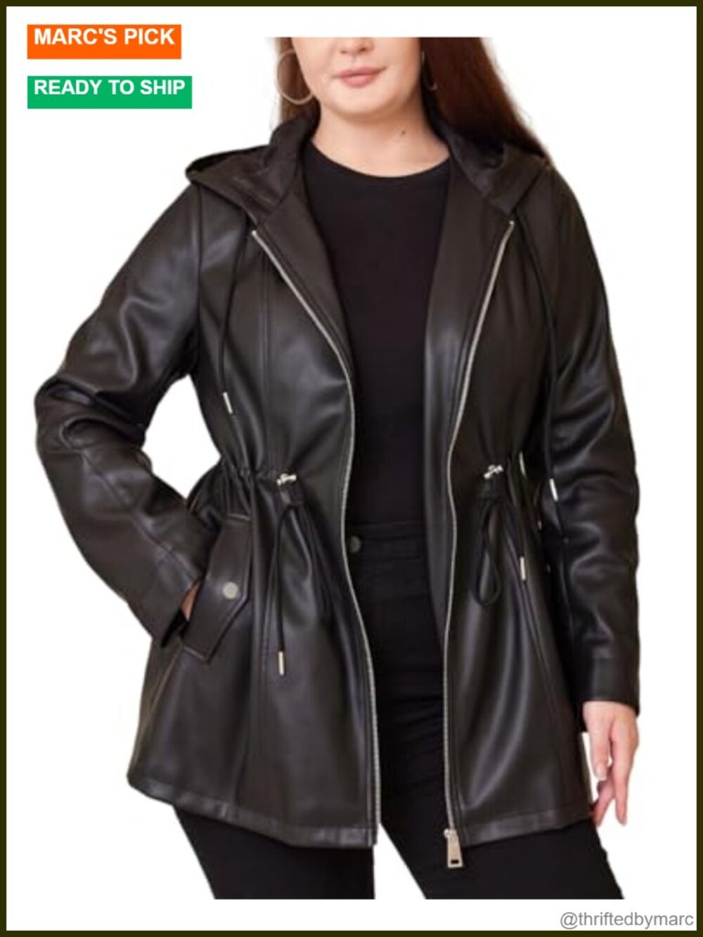 Faux Leather Jacket Hooded Moto Biker Coat Plus Size Belted